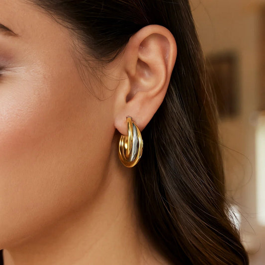 14k Two Tone Gold Triple Row Hoop Earrings