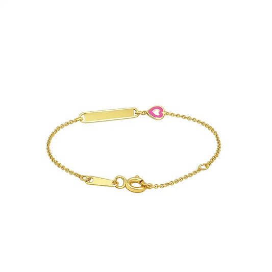 14k Yellow Gold 5 1/2 inch Childrens ID Bracelet with Enameled Heart (1.00 mm)