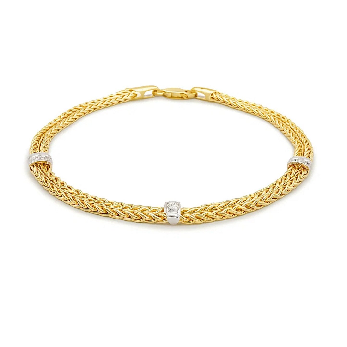 14K Two-Tone Gold Dual Wheat Chain Bracelet with Diamond Stations (3.75 mm)
