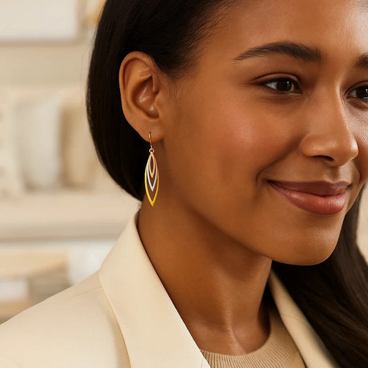 Tri-Tone Graduated Open Marquise Earrings in 10k Yellow, White, and Rose Gold