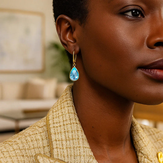 Drop Earrings with Pear-Shaped Blue Topaz Briolettes in 14k Yellow Gold