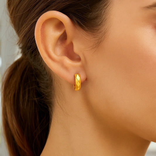 14K Yellow Gold Faceted Diamond Motif Huggie Earrings
