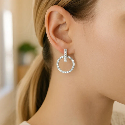 14k White Gold Textured Circle and Bar Post Earrings