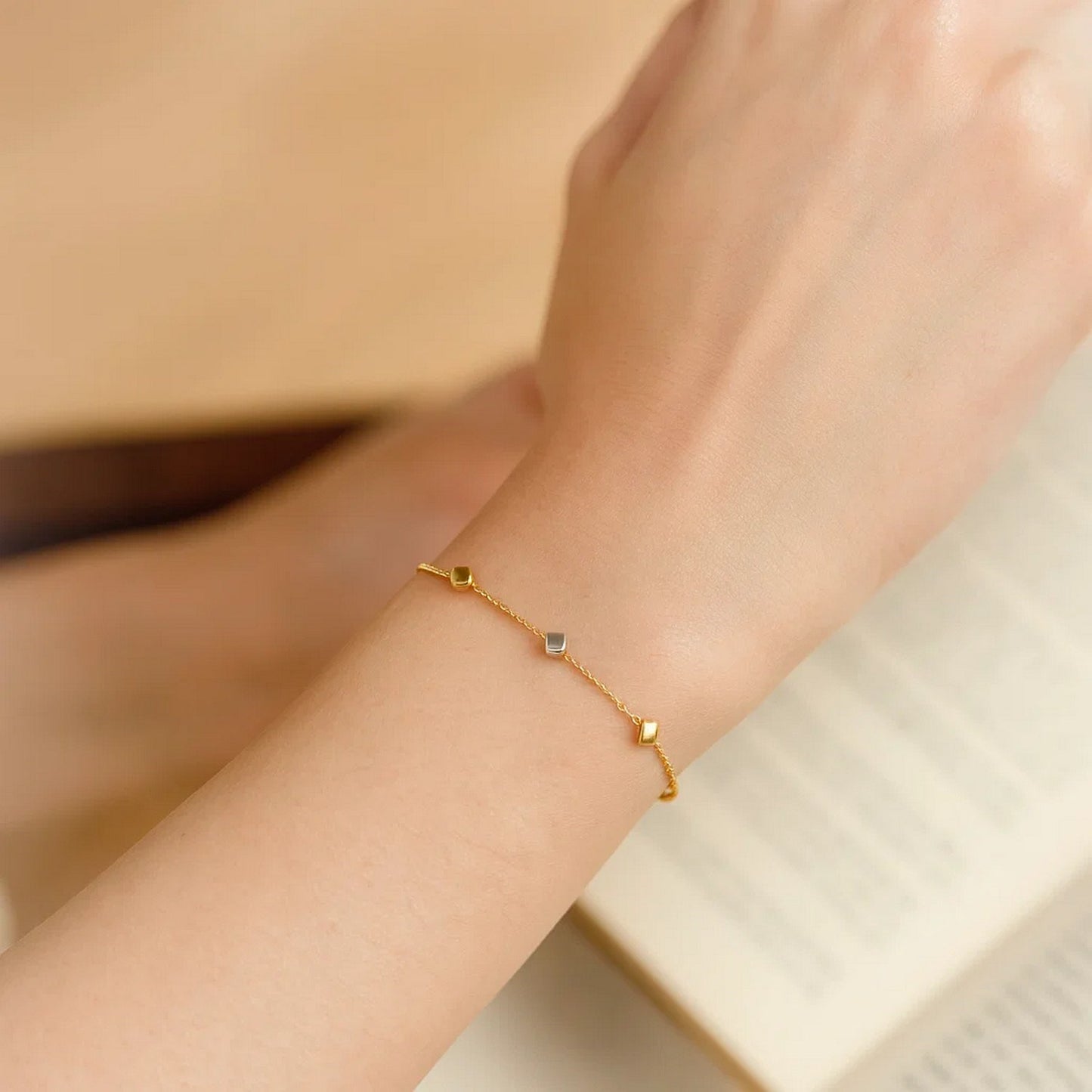 14K Two-Tone Gold Polished Cube Station Bracelet