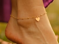 14K Yellow Gold Dangle Heart and Bead Station Anklet