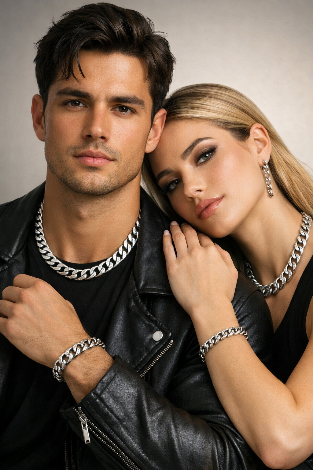 Unisex white gold curb chain jewelry worn by male and female models. Thick Cuban link necklaces, bracelets, and earrings shine under soft studio lighting. Luxury minimalist aesthetic for True Pure Gold curb chain collection