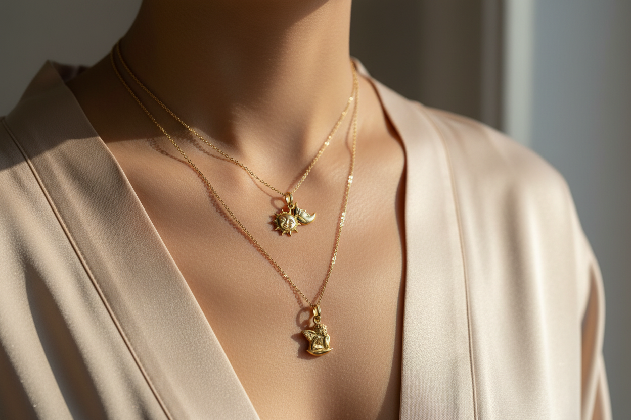 Solid 14K yellow gold charm pendants layered on delicate gold chains — sun and moon, polished sun, and cherub angel charms styled as a layered necklace look