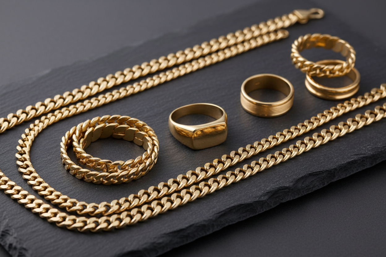 Solid 14K gold men's jewelry collection including chains, bracelets, and rings on black velvet background