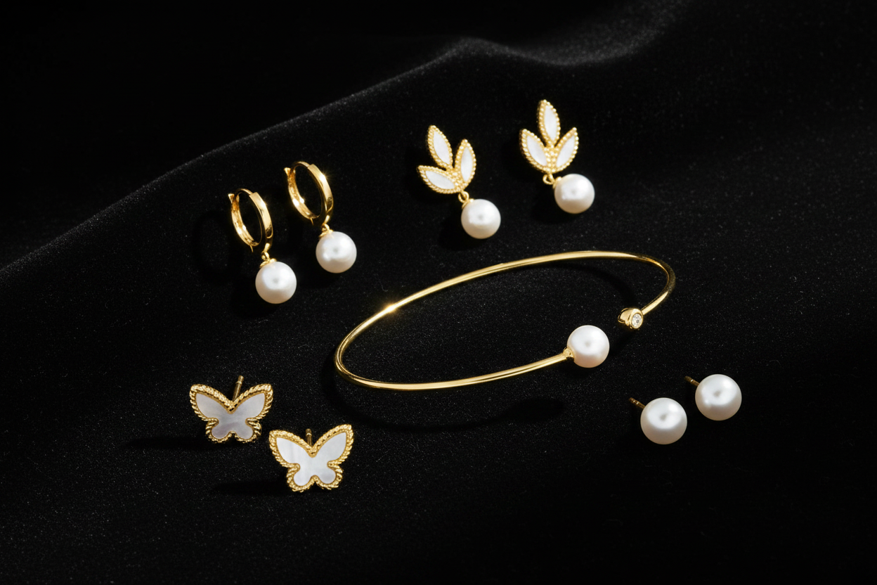 14K yellow gold pearl jewelry collection flat lay on black velvet — hoop earrings, leaf drop earrings, cuff bangle, butterfly studs, and freshwater pearl studs with dramatic studio lighting