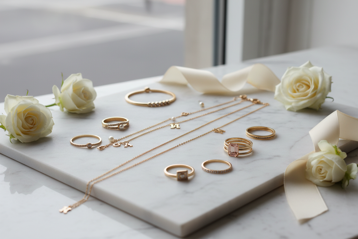 Solid 14K gold women's jewelry flat lay including delicate necklaces, bracelets, and rings on white marble background