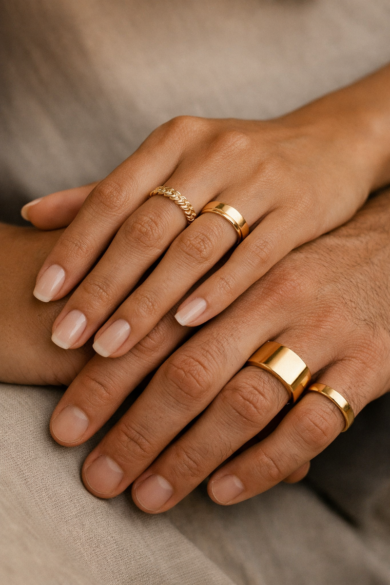 Couple’s hands wearing gold rings, rope and signet styles, solid gold craftsmanship.