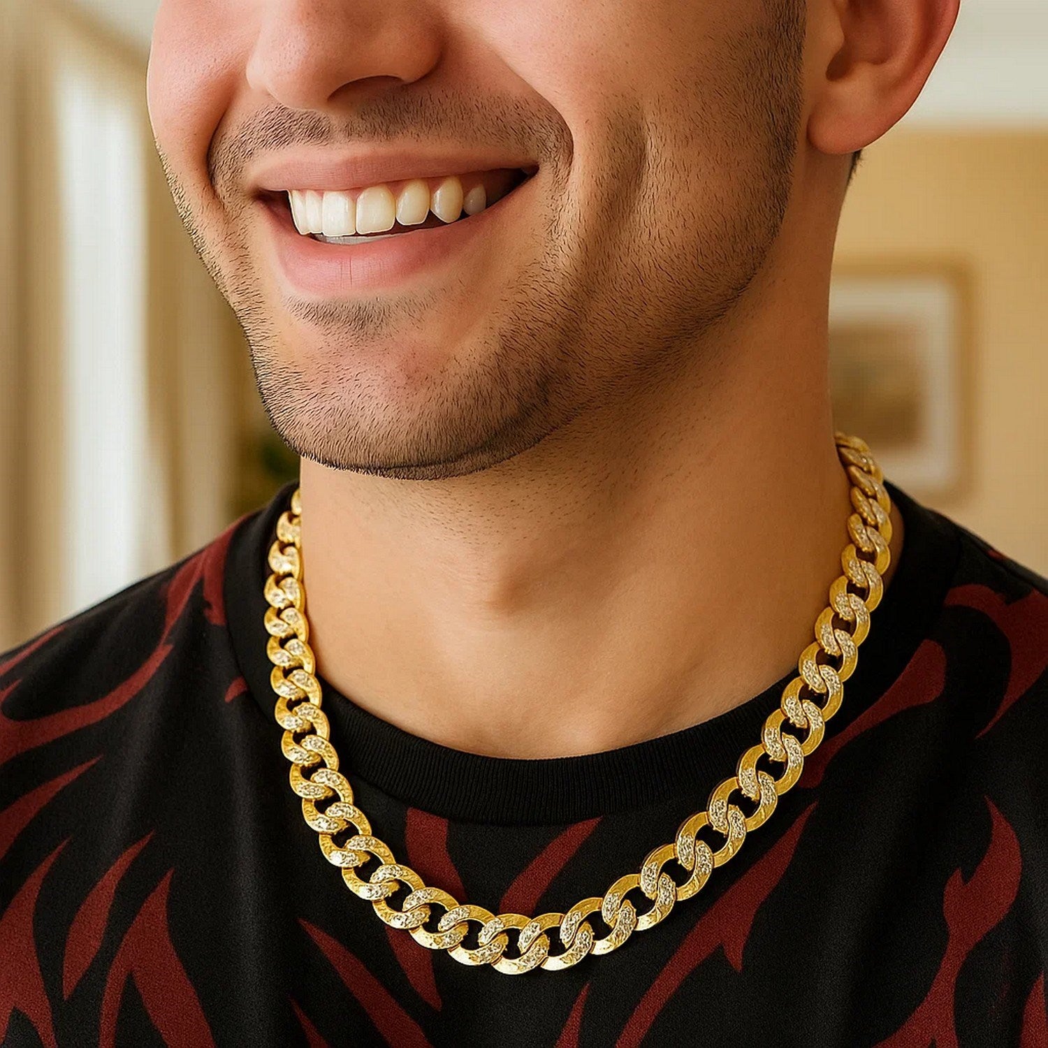 14K Two-Tone Gold Solid Pavé Curb Chain (12.18mm)