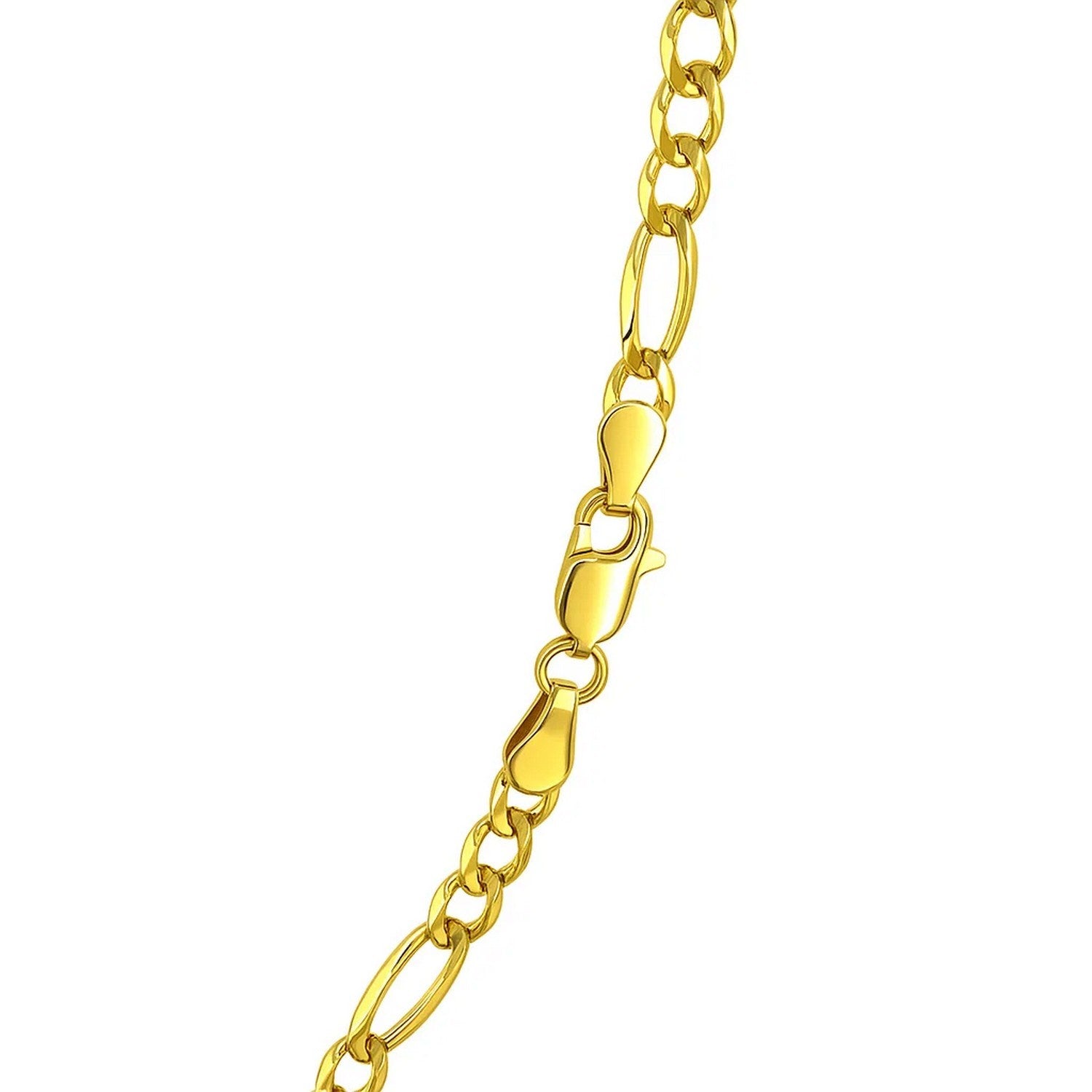 Close‑up of the lobster clasp on a 14K yellow gold solid Figaro chain, 3.80mm, showing polished finish and secure solid‑gold fastening design.