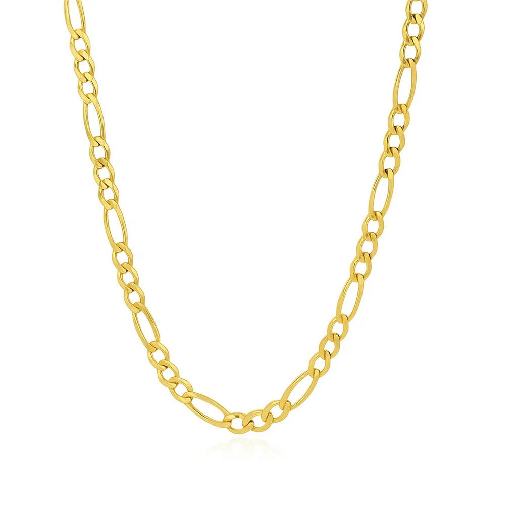 14K yellow gold solid Figaro chain, 3.80mm, displayed in a gentle curve on a white background to highlight polished long‑and‑short links and solid gold craftsmanship.
