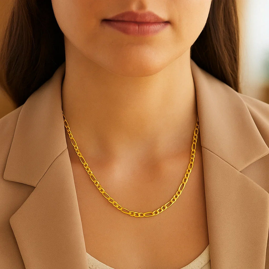 14K yellow gold solid Figaro chain, 3.80mm, shown on a woman’s neck to display real‑life fit, shine, and solid gold craftsmanship