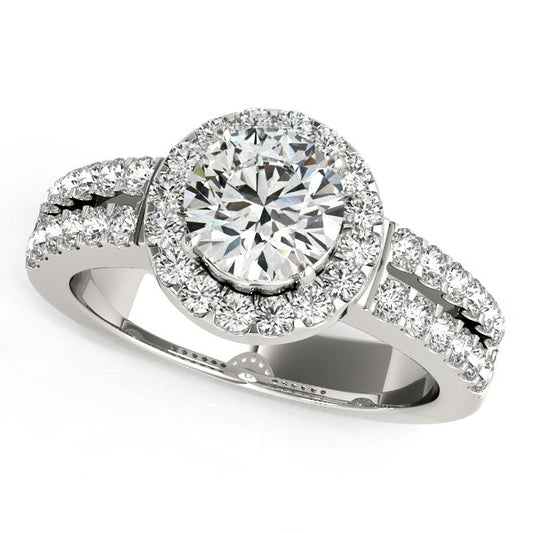 14k White Gold Halo Diamond Engagement Ring with Double Row Band (1 3/8 cttw)