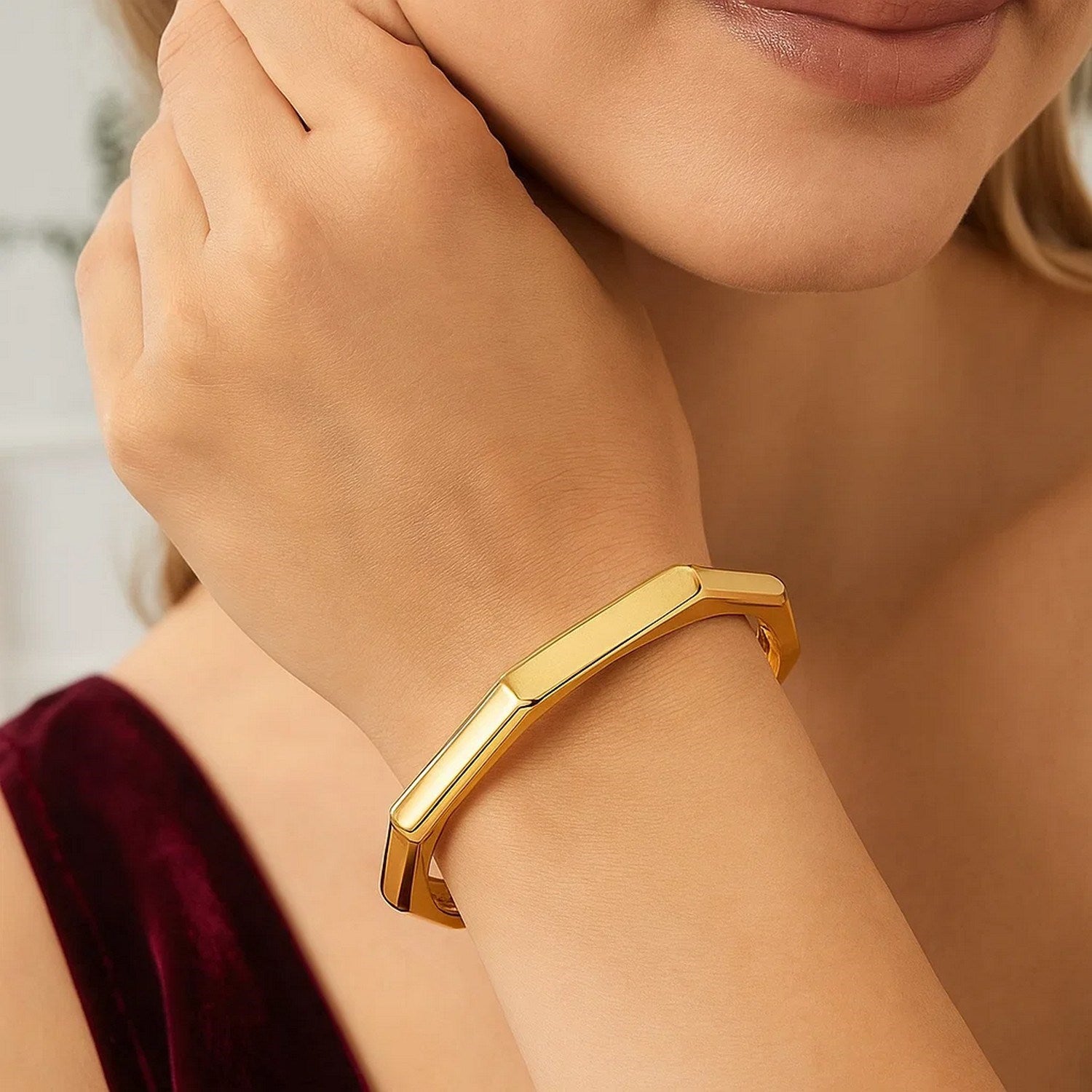 14k Yellow Gold High Polish Geometric Bangle (6.10 mm)