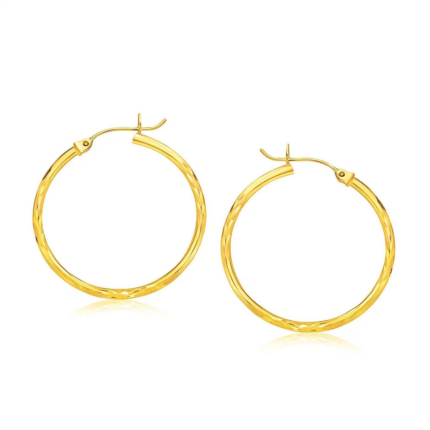 14k Yellow Gold Diamond-Cut Slender Large Hoop Earrings 2x30mm