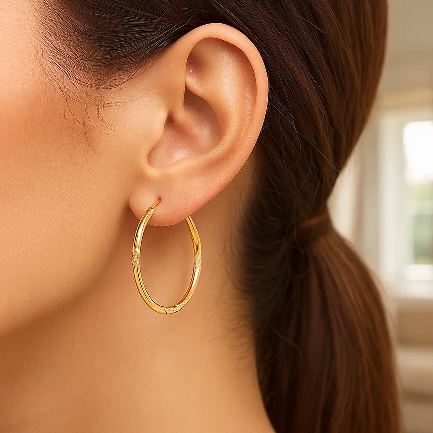 14k Yellow Gold Diamond-Cut Slender Large Hoop Earrings 2x30mm