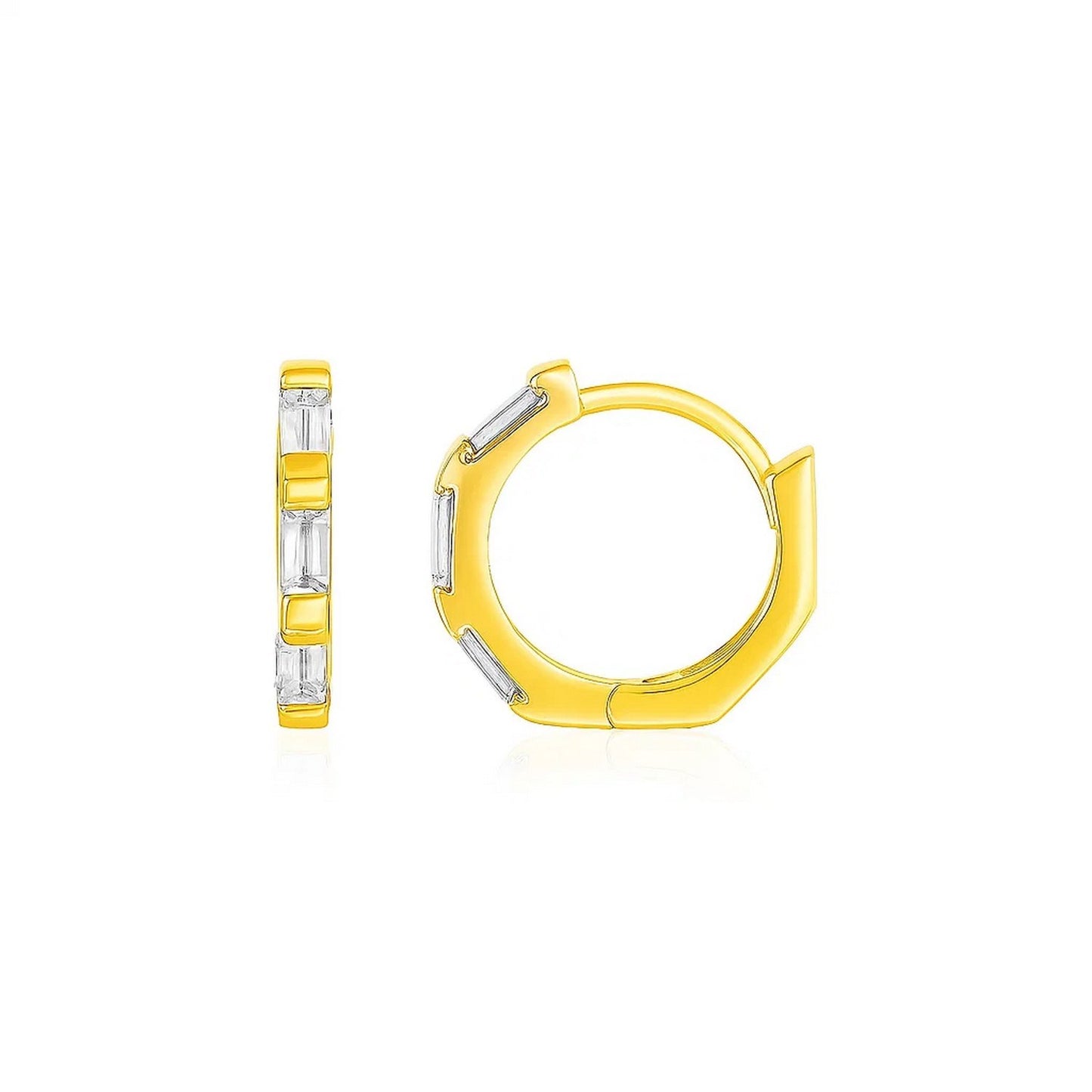 14k Yellow Gold Petite Octagonal Hoop Earrings with Cubic Zirconias