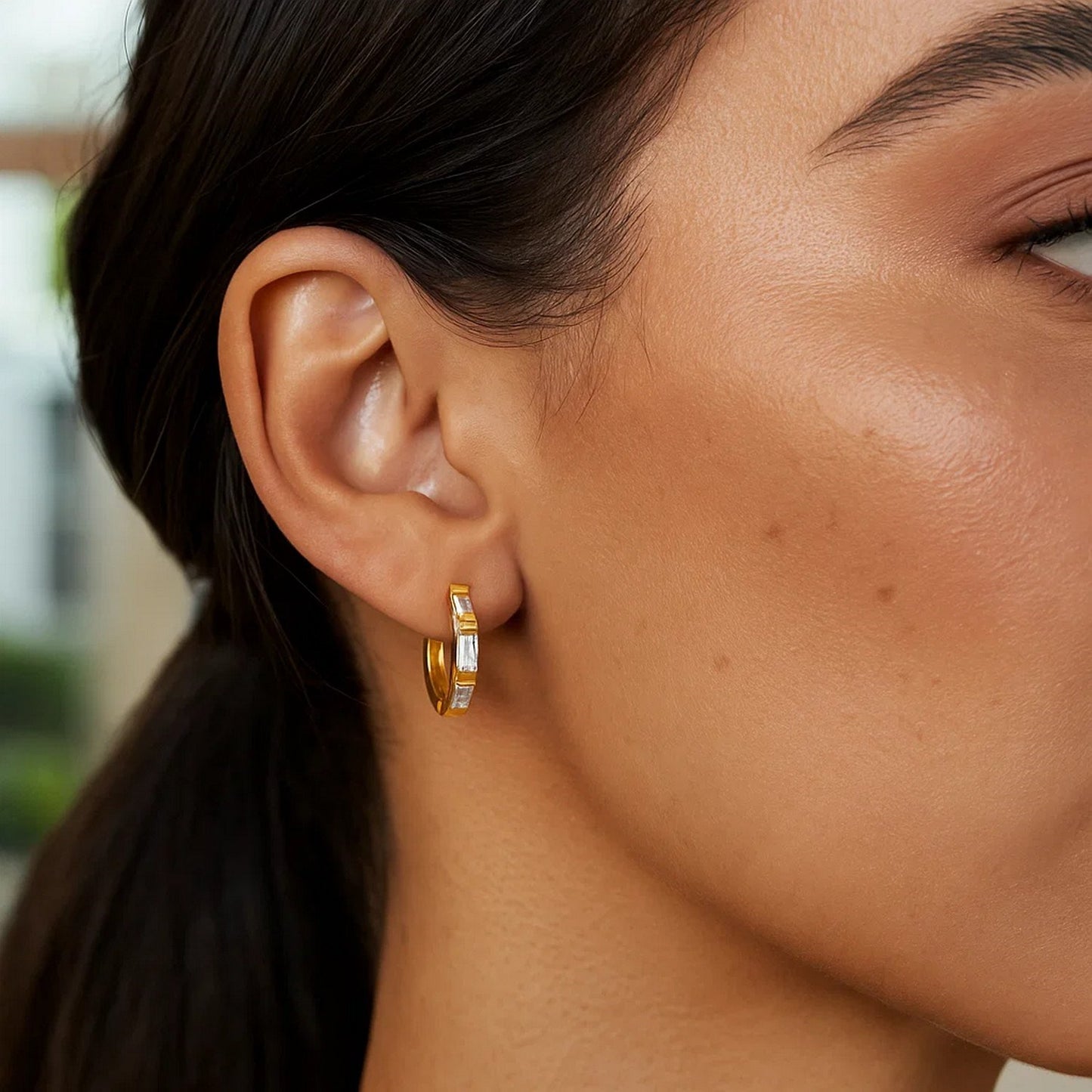 14k Yellow Gold Petite Octagonal Hoop Earrings with Cubic Zirconias