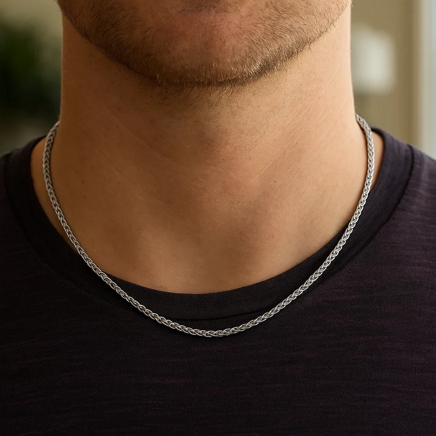 14K White Gold Round Wheat Chain Necklace (1.50 mm)