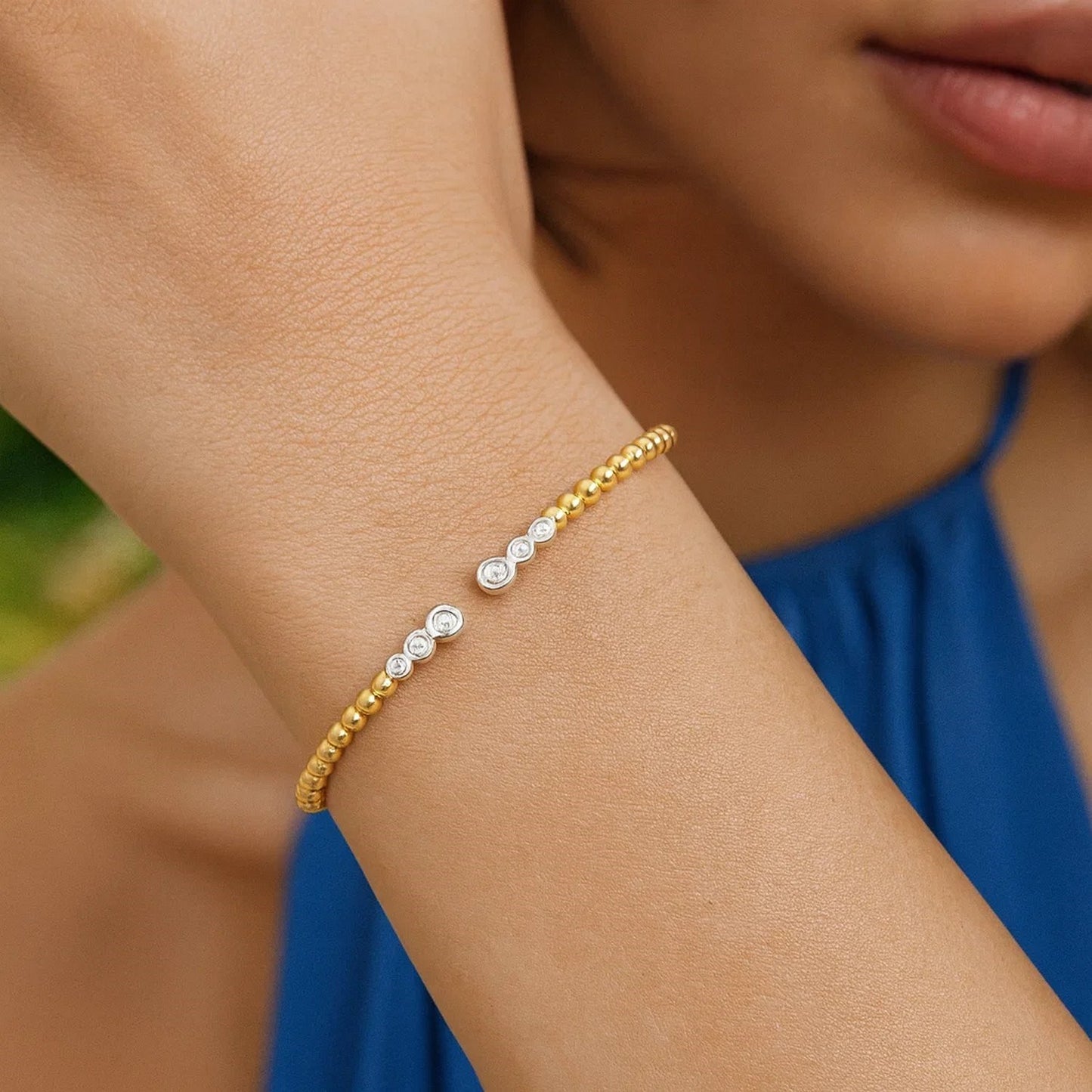 14K Two Tone Polish Diamond Pallina Open Beaded Cuff Bangle (3.00 mm)