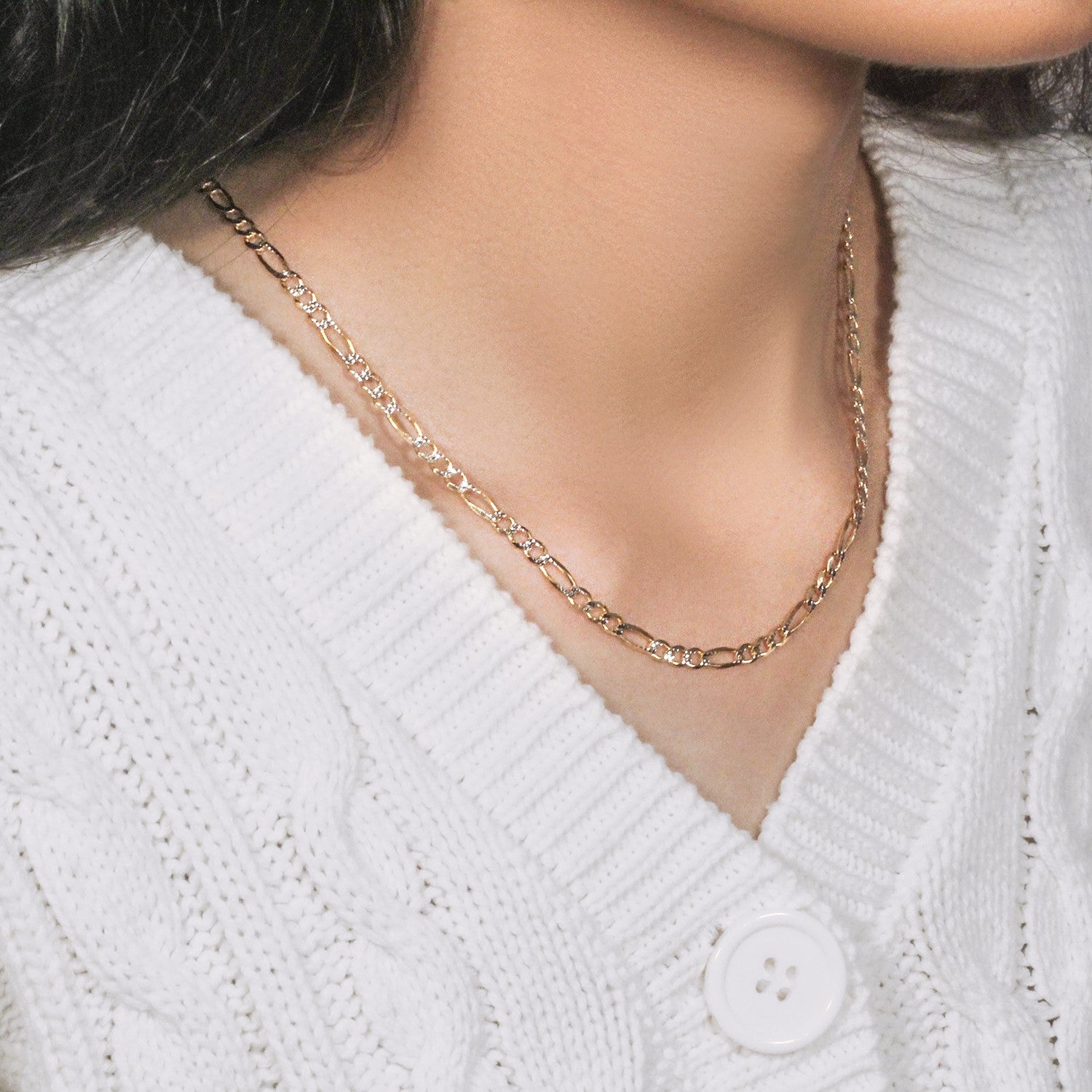 14K Two-Tone Gold Solid Pavé Figaro Chain – 3.80mm, Solid Gold