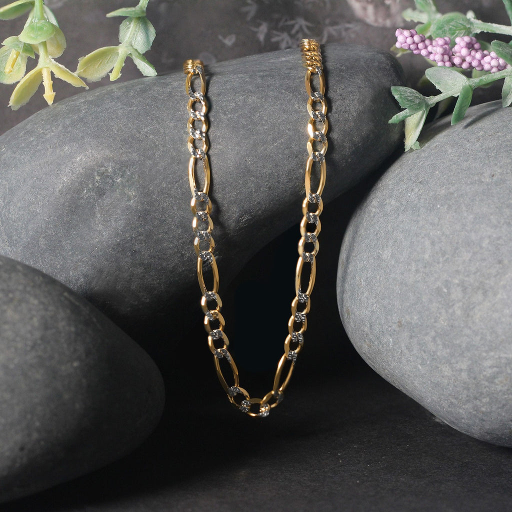 14K Two-Tone Gold Solid Pavé Figaro Chain – 3.80mm, Solid Gold
