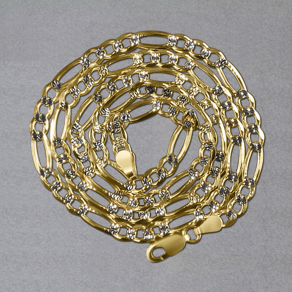 14K Two-Tone Gold Solid Pavé Figaro Chain – 3.80mm, Solid Gold