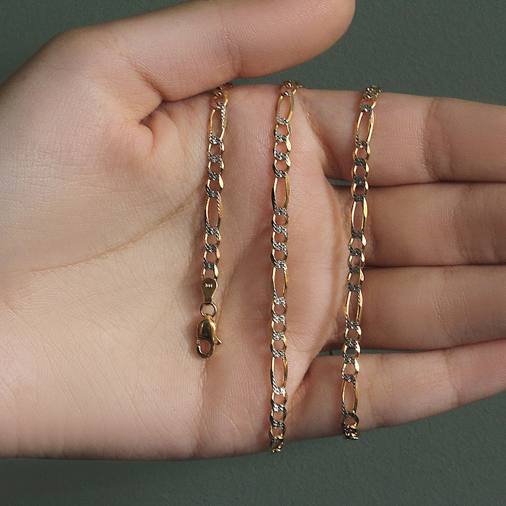 14K Two-Tone Gold Solid Pavé Figaro Chain – 3.80mm, Solid Gold
