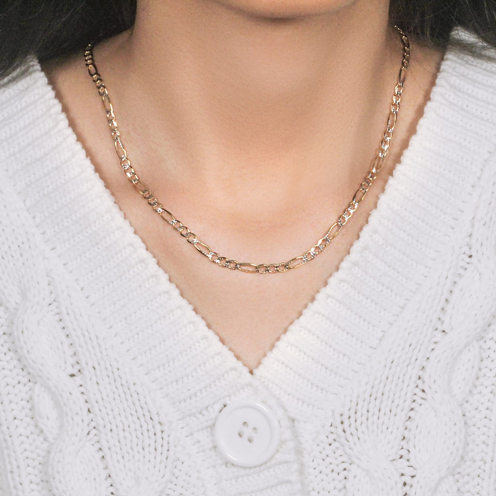 14K Two-Tone Gold Solid Pavé Figaro Chain – 3.80mm, Solid Gold