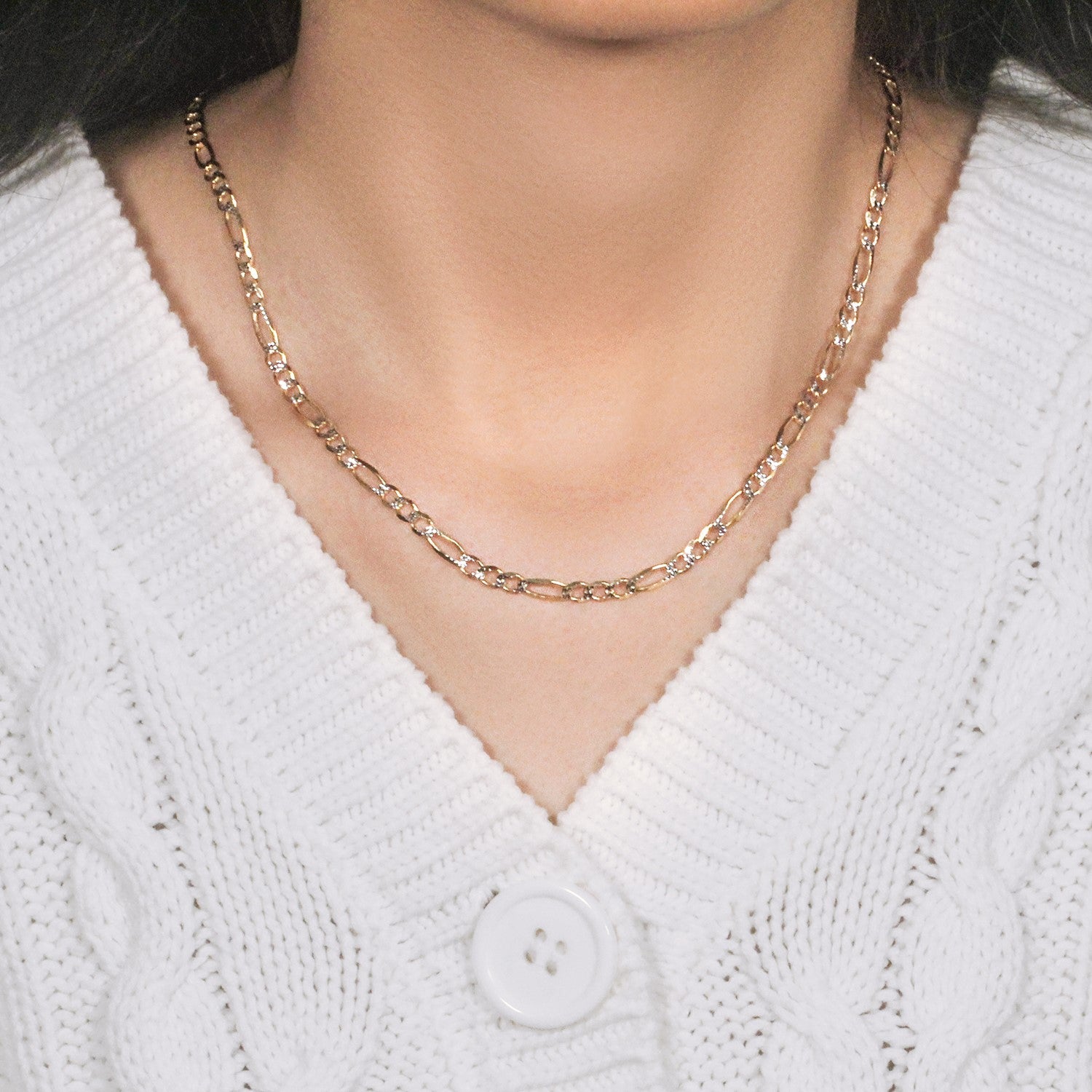 14K Two-Tone Gold Solid Pavé Figaro Chain – 3.80mm, Solid Gold