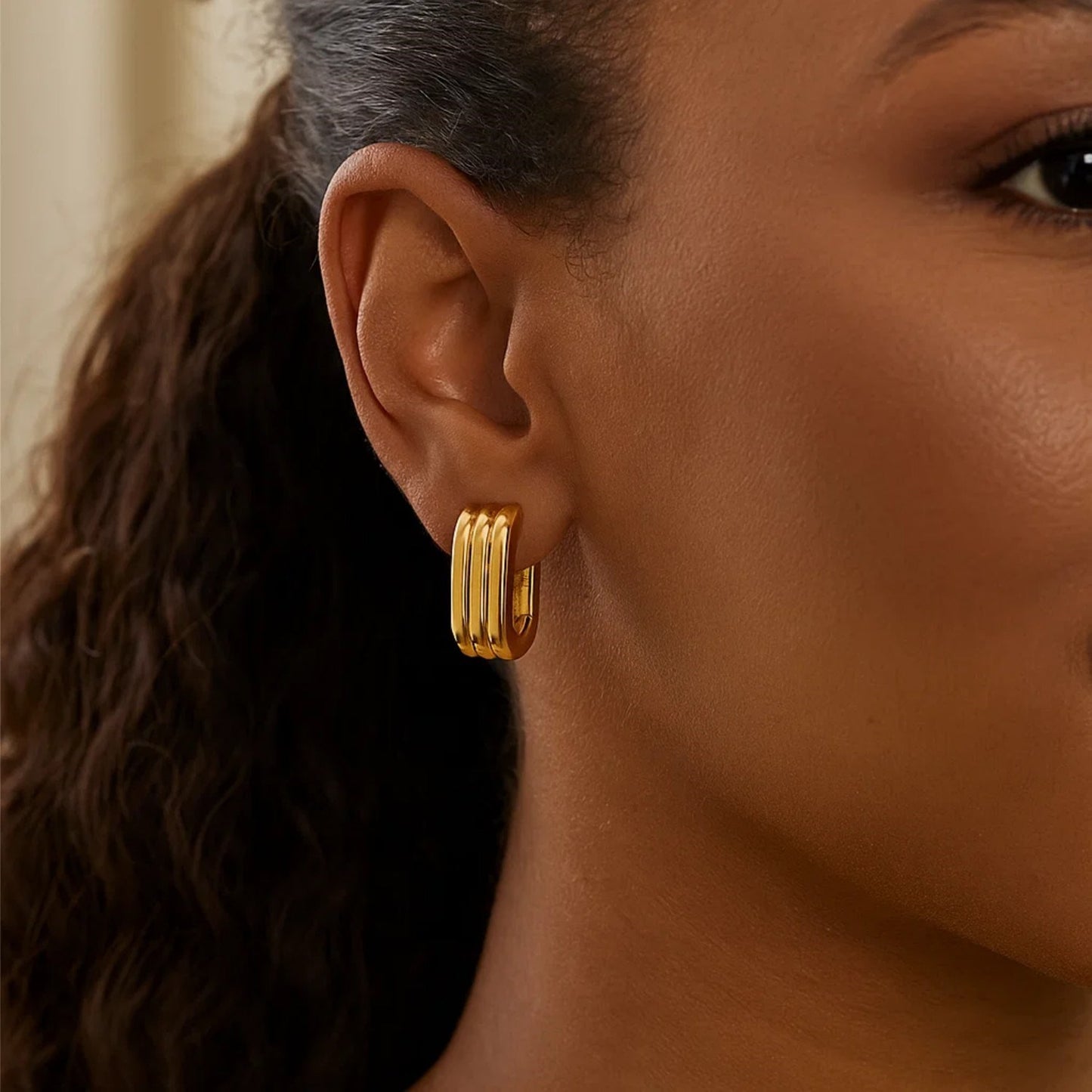 14K Yellow Gold Fancy Oval Triple Row Hoop Earrings