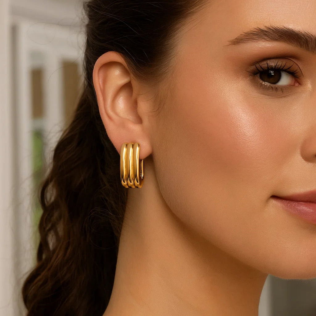 14K Yellow Gold Fancy Oval Triple Row Hoop Earrings