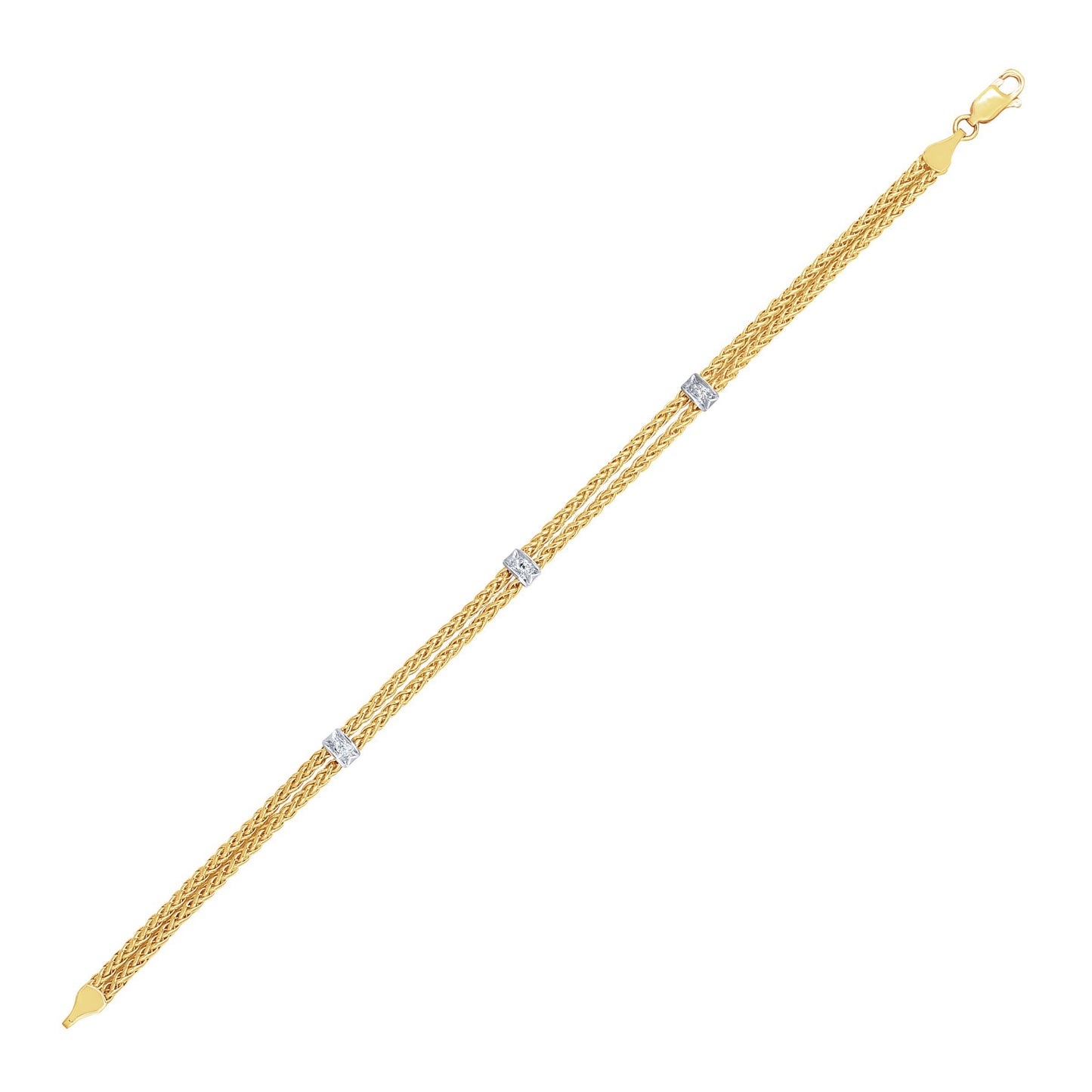14K Two-Tone Gold Dual Wheat Chain Bracelet with Diamond Stations (3.75 mm)