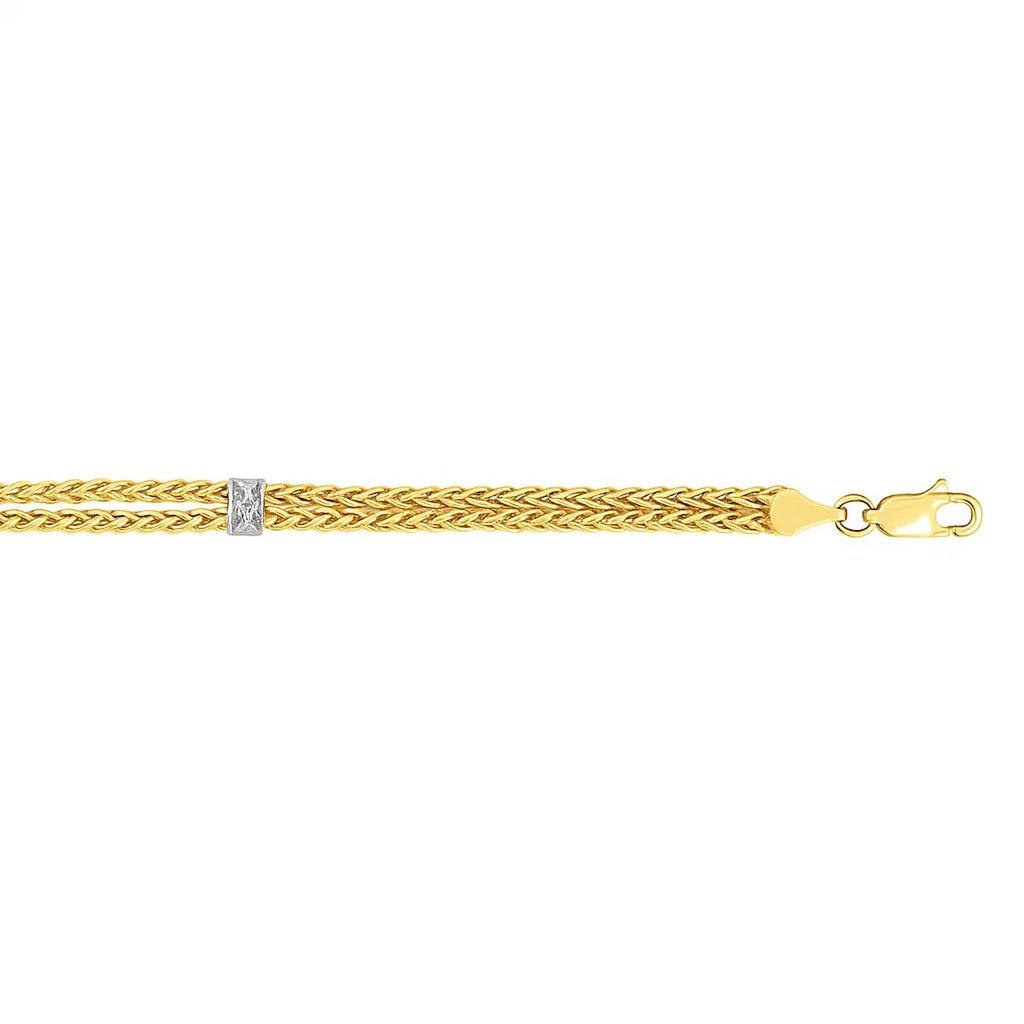 14K Two-Tone Gold Dual Wheat Chain Bracelet with Diamond Stations (3.75 mm)