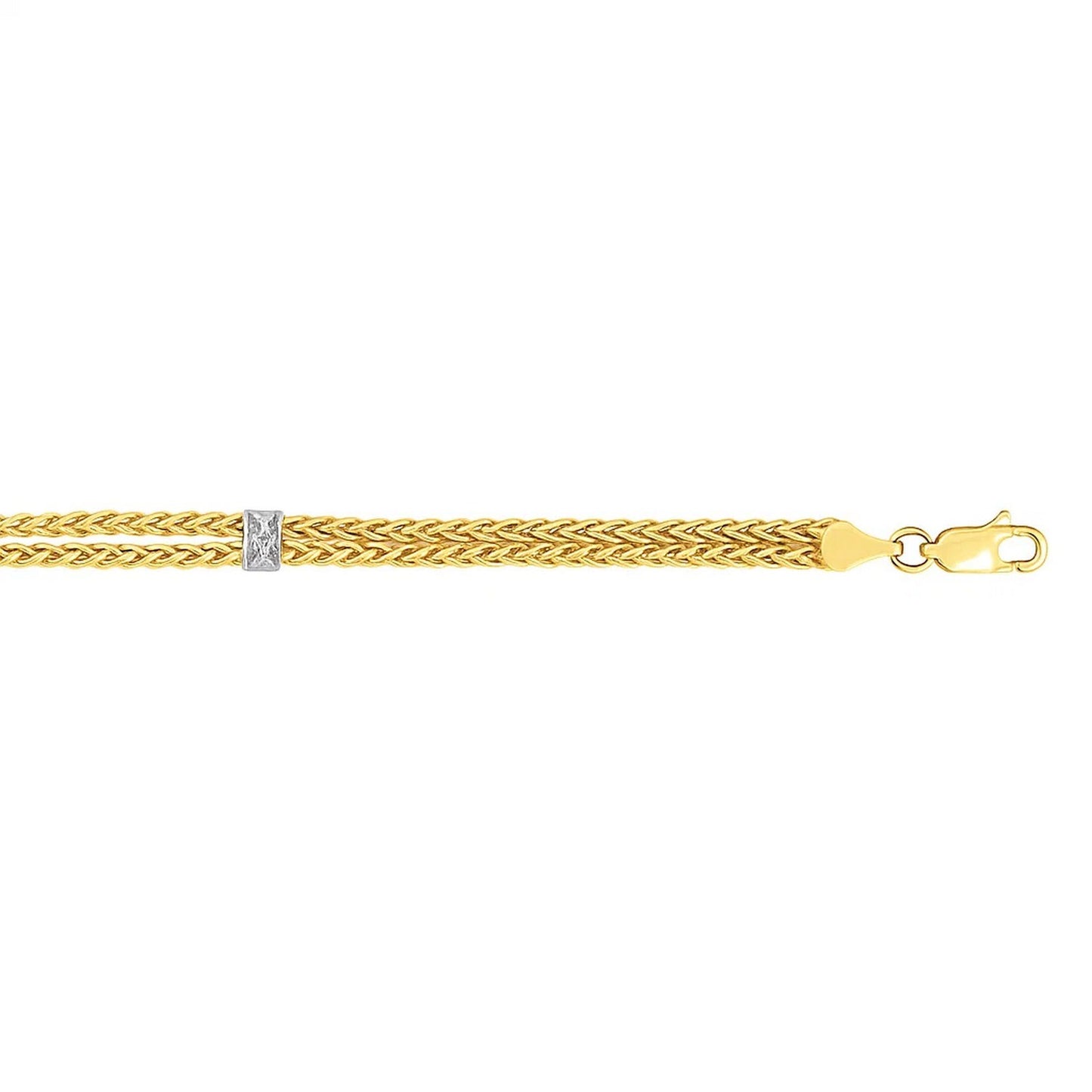 14K Two-Tone Gold Dual Wheat Chain Bracelet with Diamond Stations (3.75 mm)