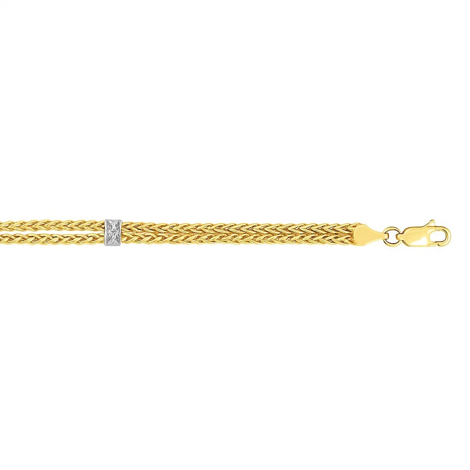 14K Two-Tone Gold Dual Wheat Chain Bracelet with Diamond Stations (3.75 mm)