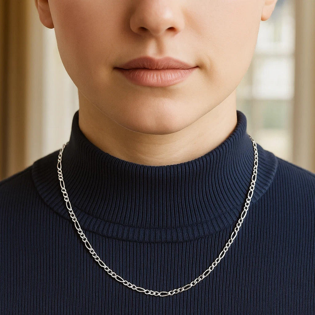 14K White Gold Solid Figaro Chain – 1.90mm, Solid Gold