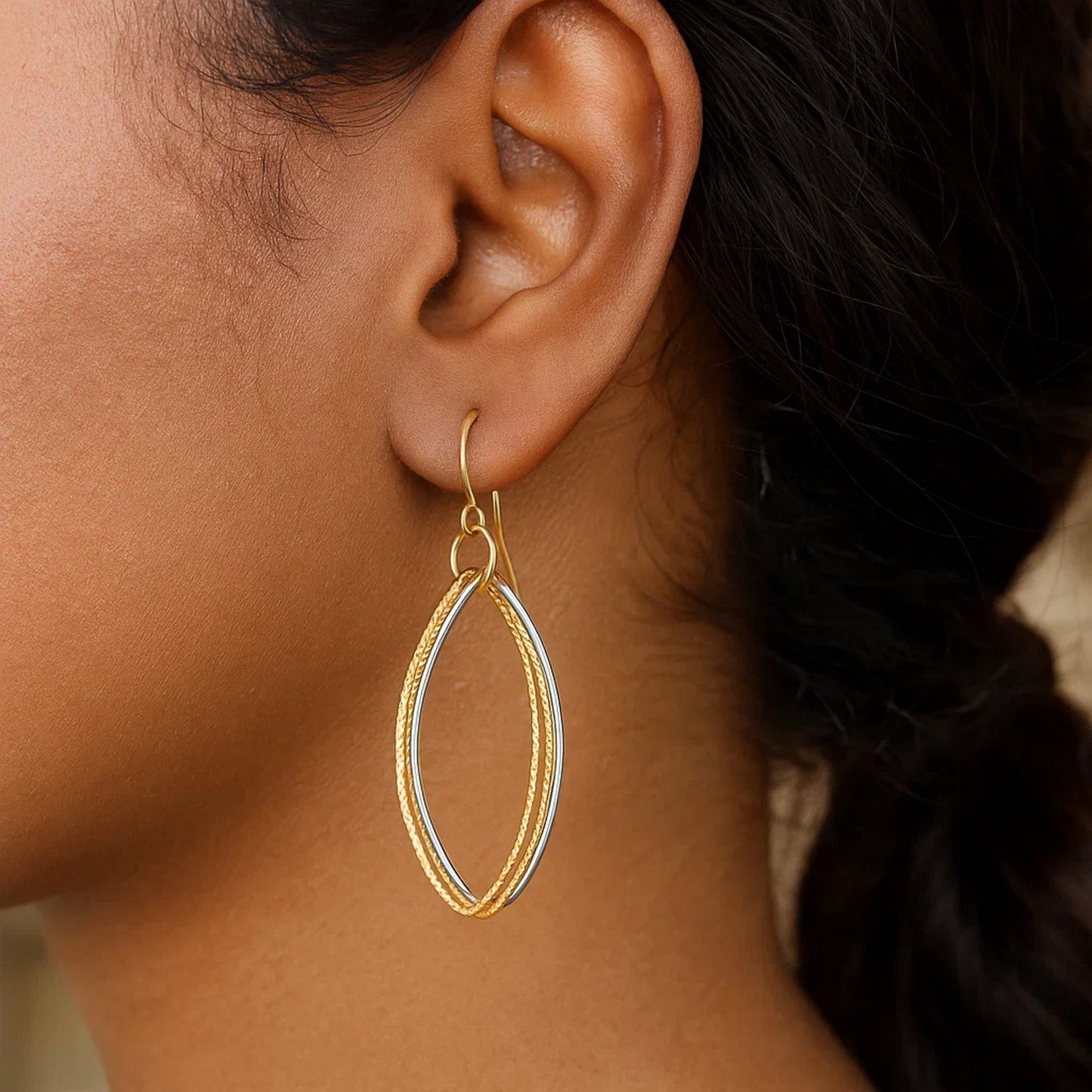 14k Two Tone Gold Textured Triple Oval Shape Drop Earrings