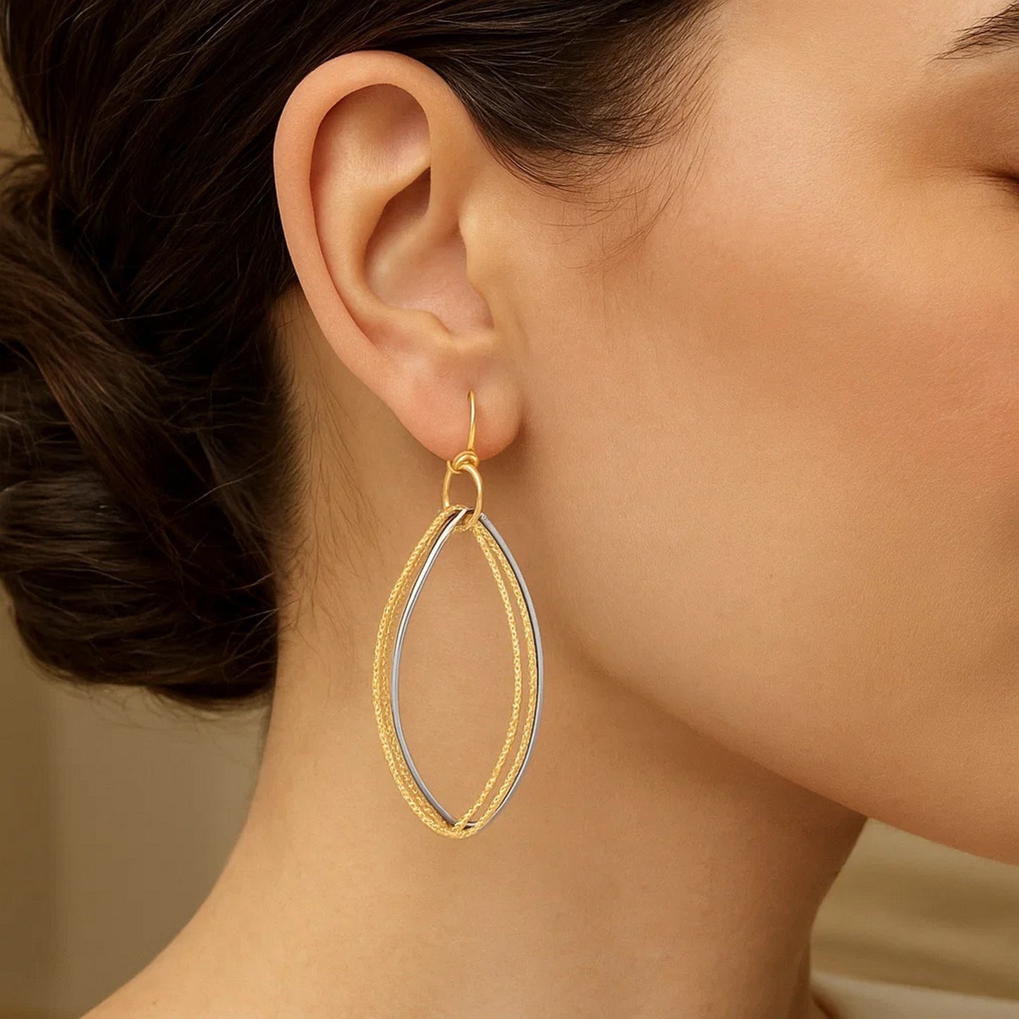 14k Two Tone Gold Textured Triple Oval Shape Drop Earrings