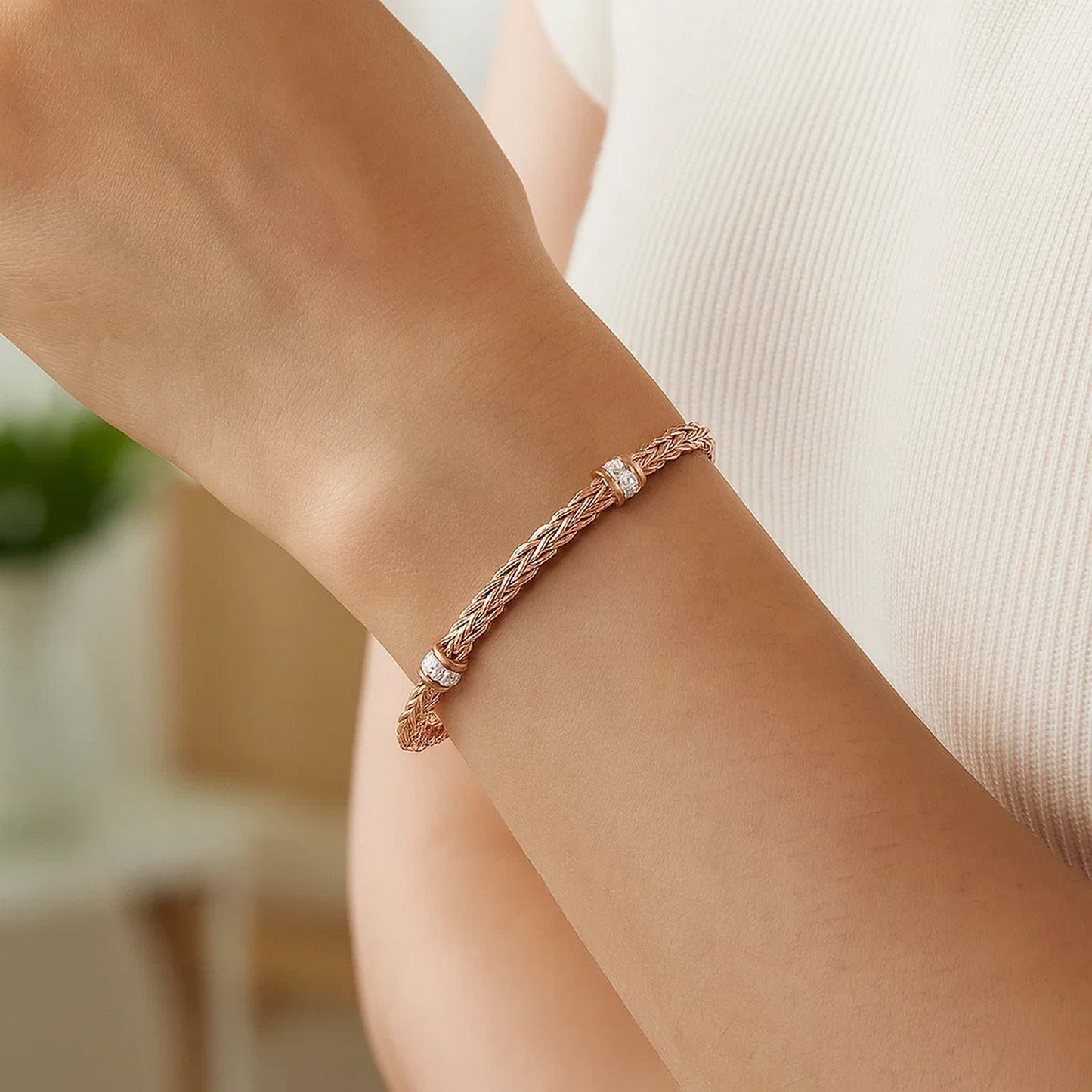 14K Rose Gold Woven Rope Diamond Bracelet (7.50")