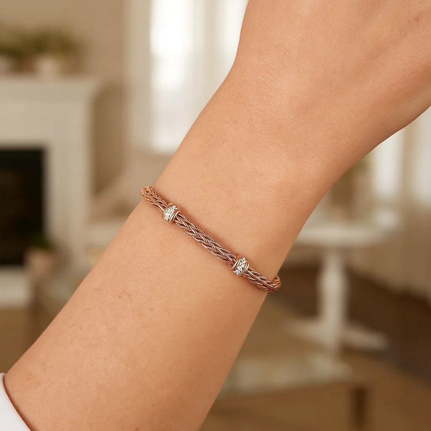 14K Rose Gold Woven Rope Diamond Bracelet (7.50")