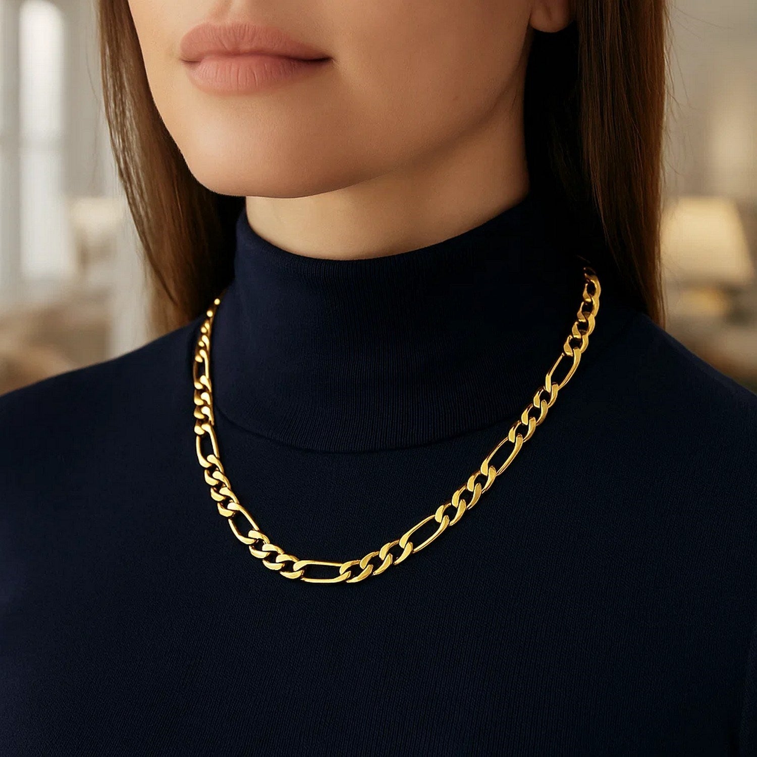 14K Yellow Gold Solid Figaro Chain – 7.00mm, Solid Gold