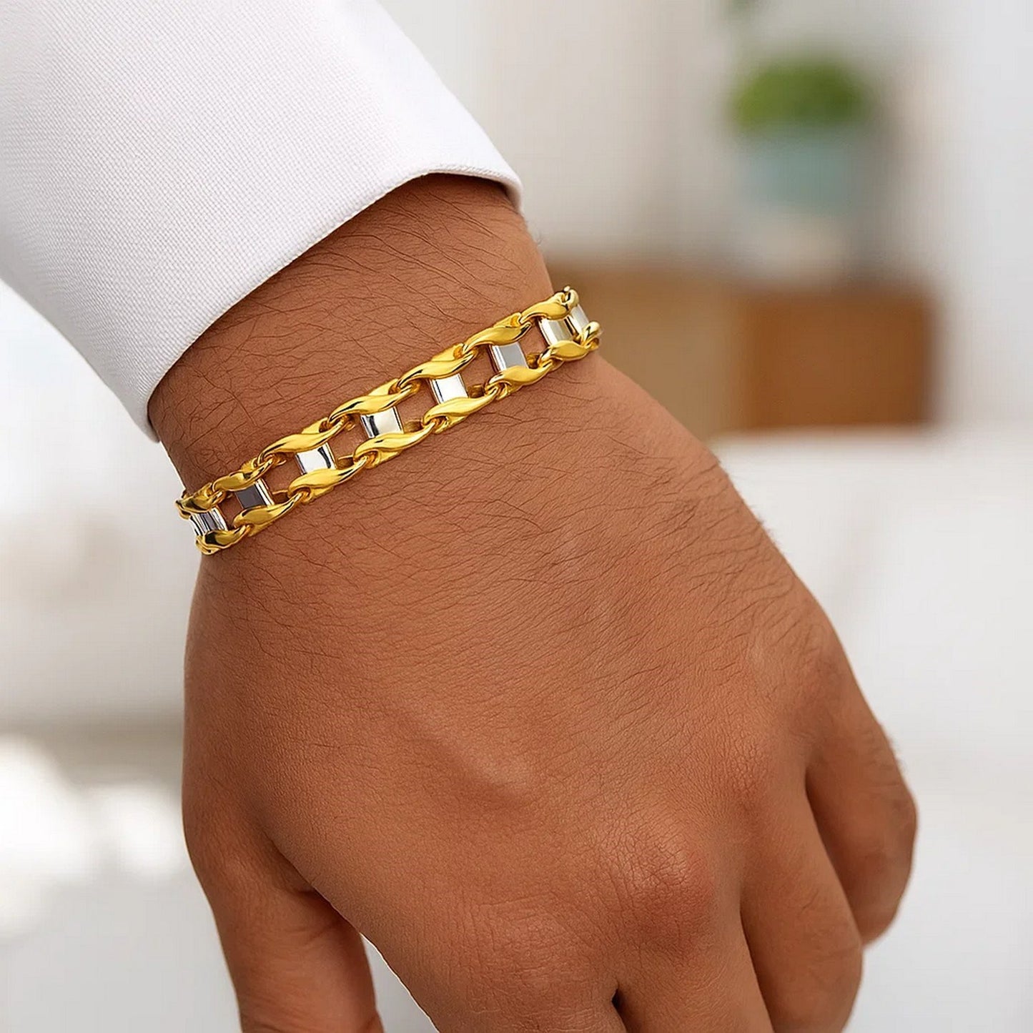 14k Two-Tone Gold Mens Bracelet with S Style Bar Links (7.85 mm)