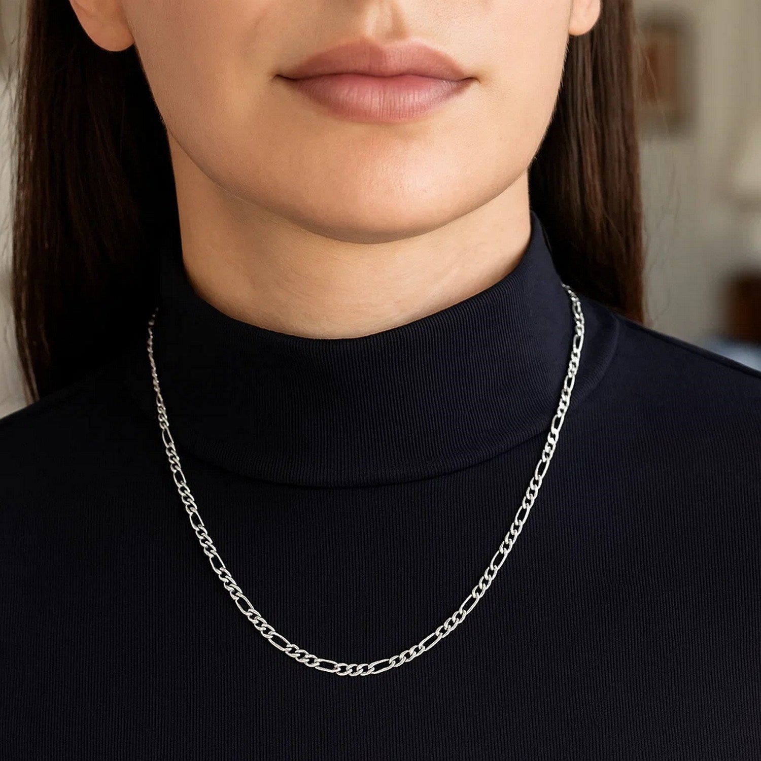 14K White Gold Solid Figaro Chain – 3.00mm, Solid Gold