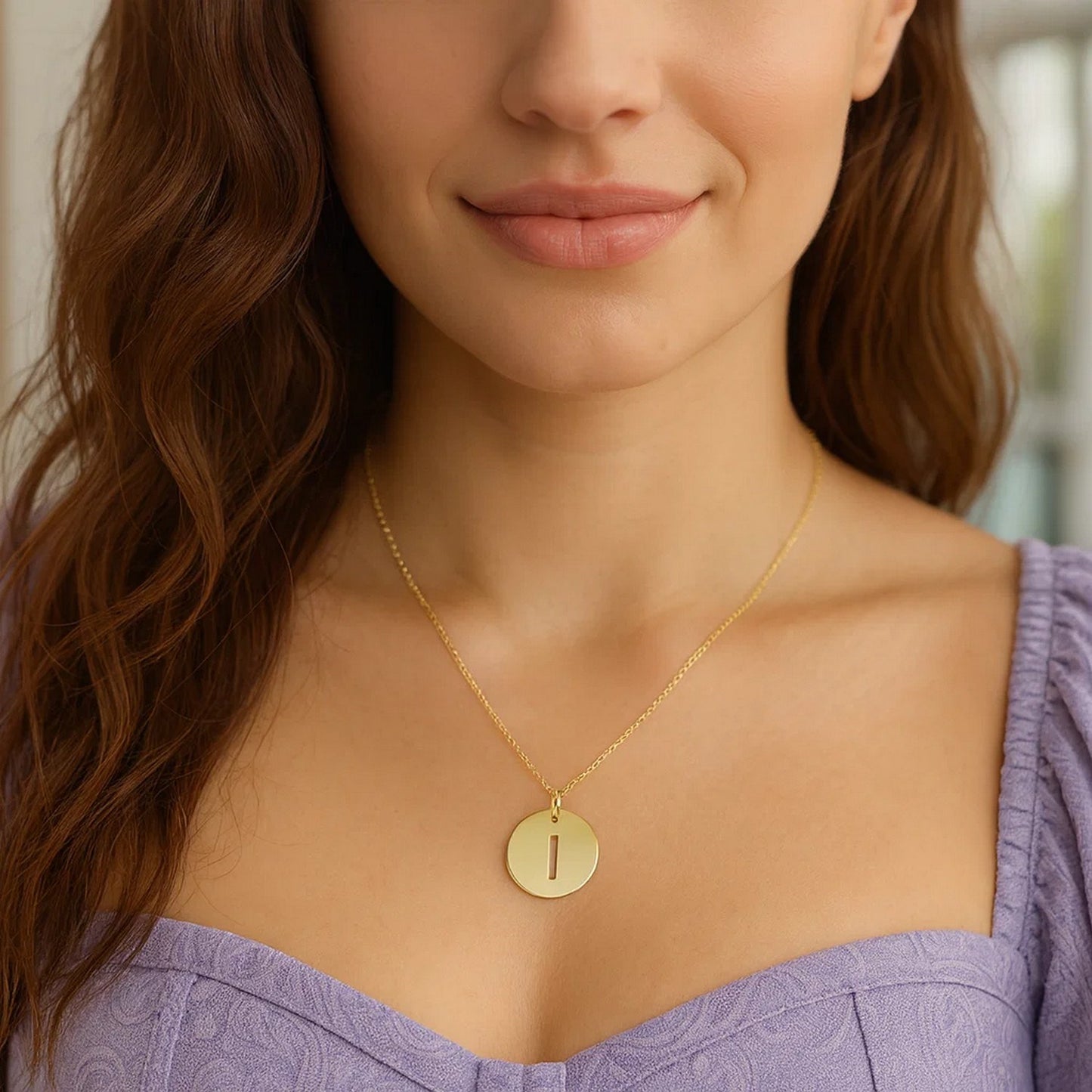 14K Yellow Gold Disc Initial I Pendant