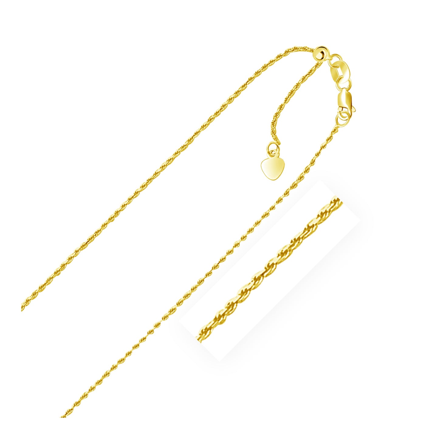 10K Yellow Gold Adjustable Rope Chain Necklace with Heart Dangle (0.95 mm)