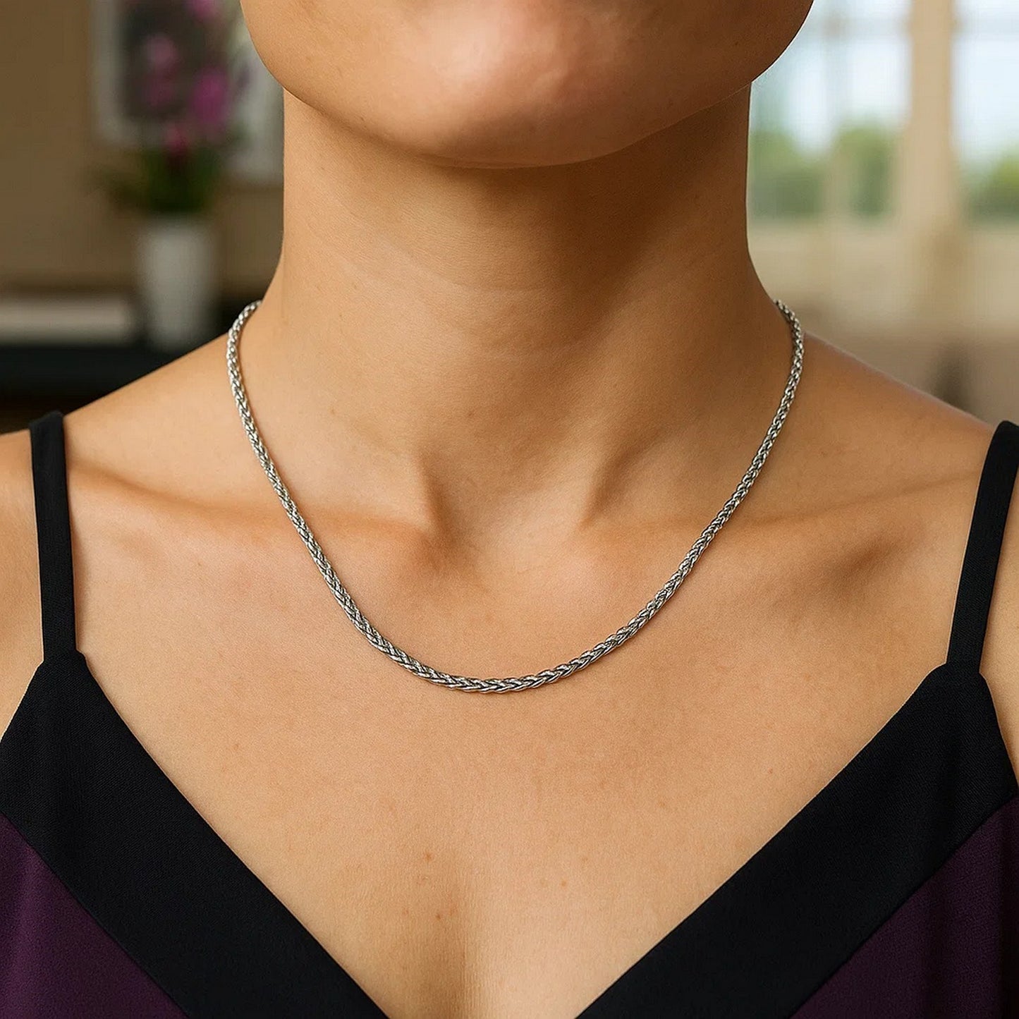 14K White Gold Round Wheat Chain Necklace (2.10 mm)